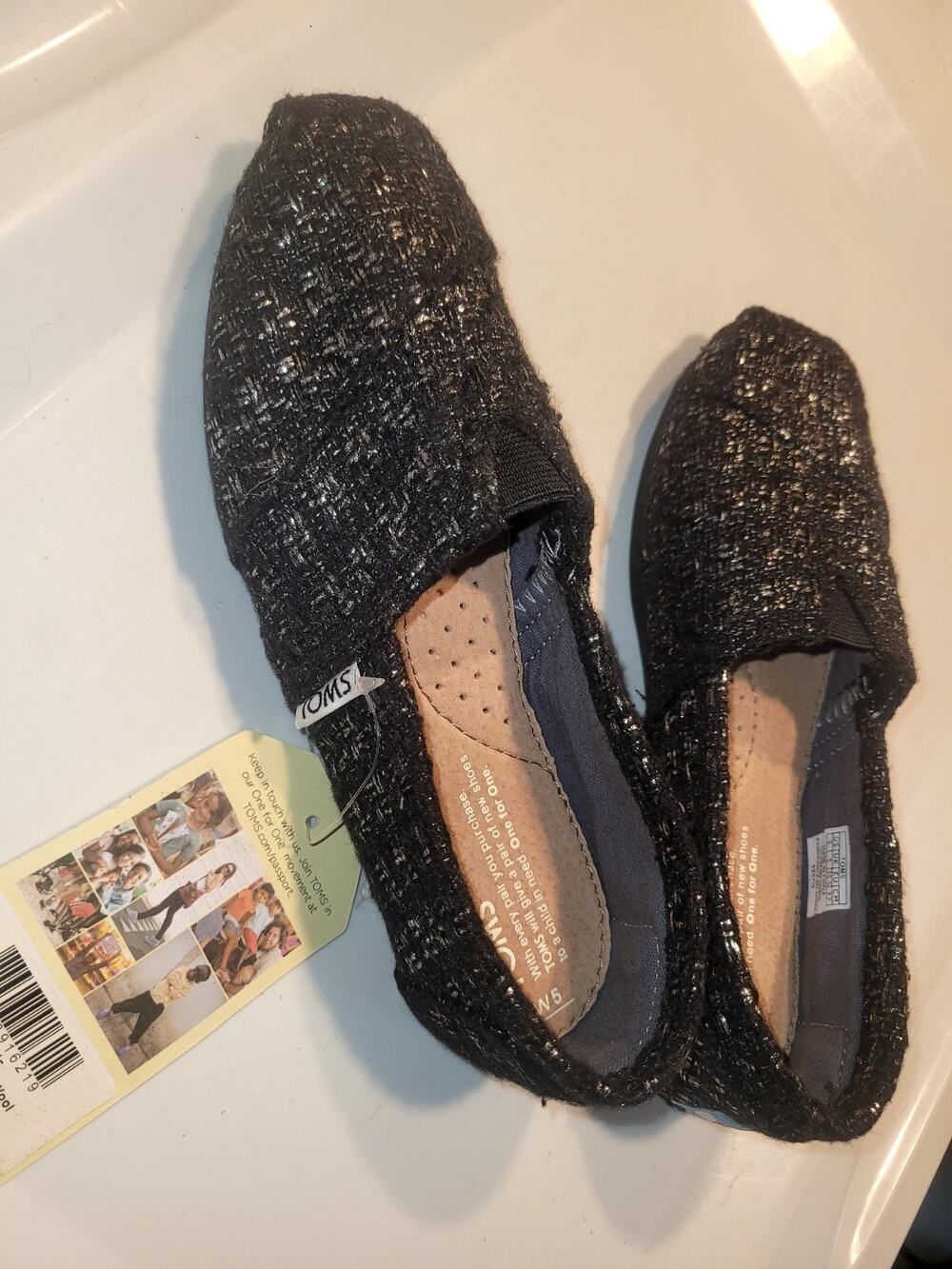 TOMS Classic Alpargata Slip-On Black Glitter Wool Womens 5| Casual Comfort Chic